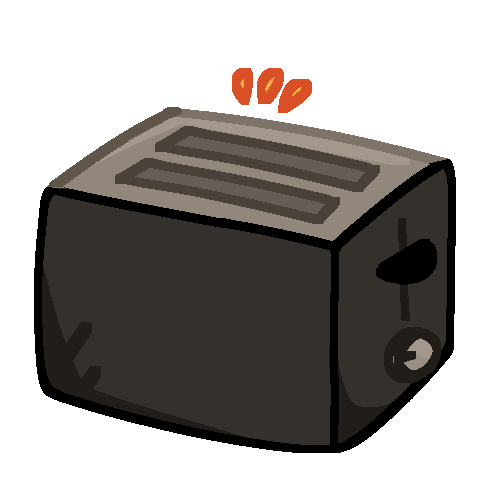 a black two-slice toaster with two small orange emphasis marks coming from it